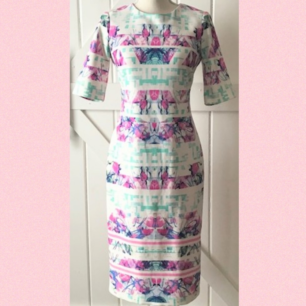 Vince Camuto Abstract Mint & Pink Midi Sheath Dress Women's size 8